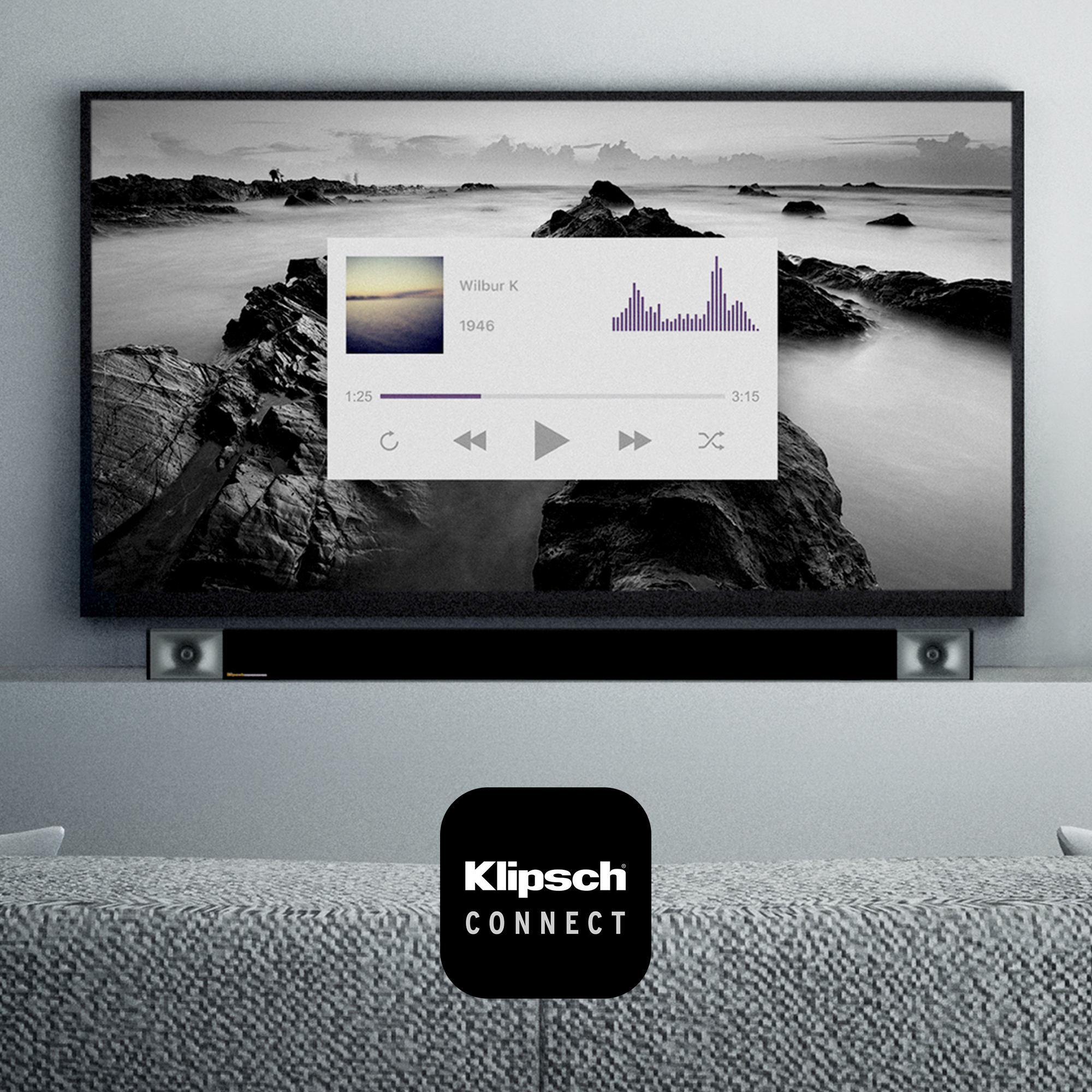 Klipsch Cinema 800 Sound Bar beneath a TV with Klipsch Connect logo Mobile 2