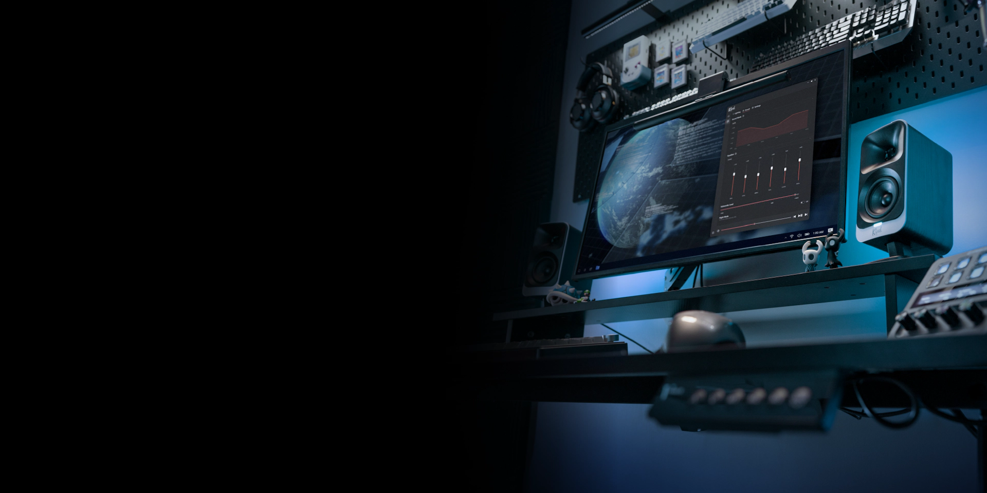 Klipsch Control Windows App on screen with Klipsch Pro Media Lumina with lighting 2000x1000