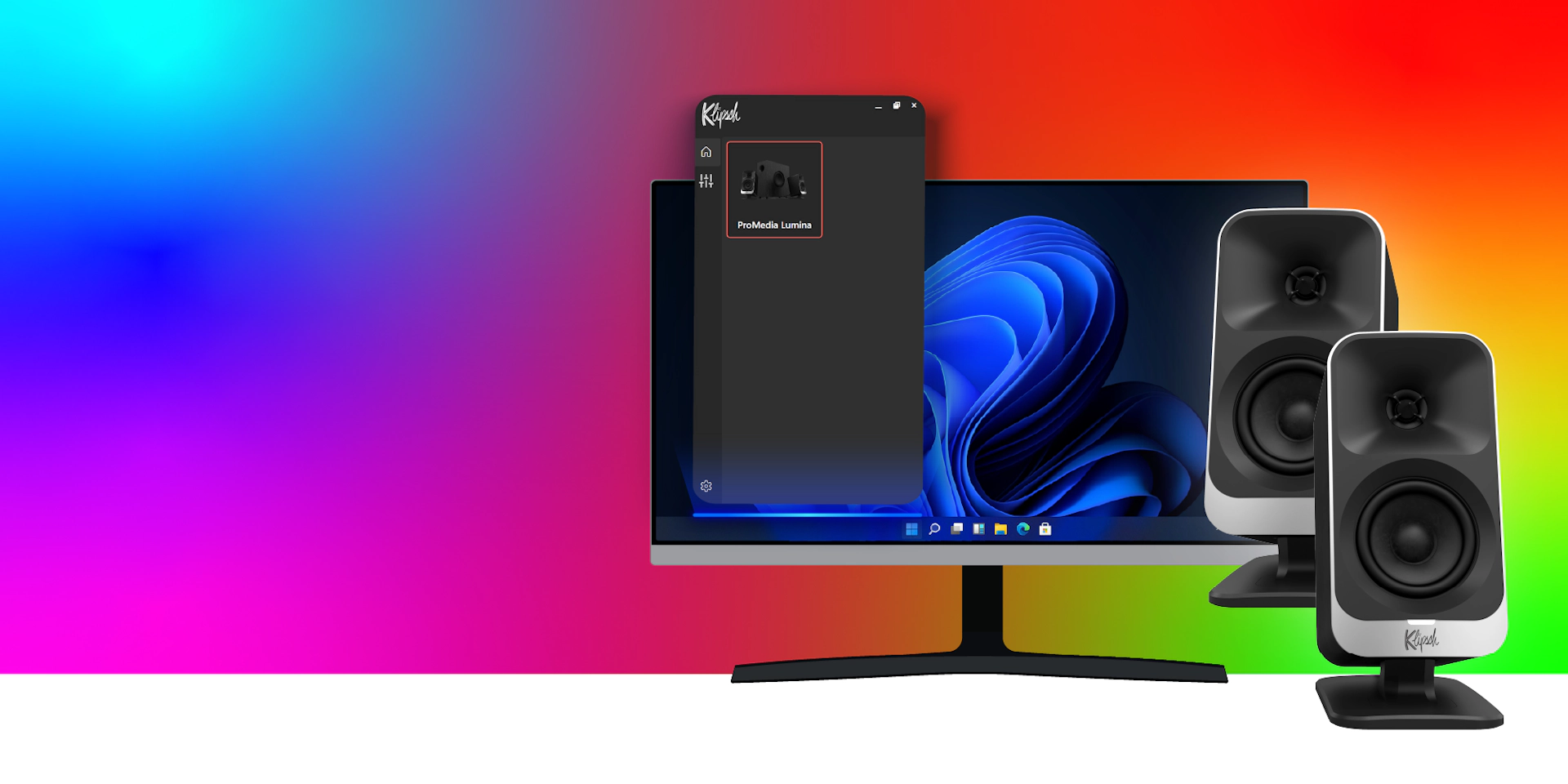 Klipsch Control Windows App with desktop computer and Klipsch Pro Media Lumina 2000x1000
