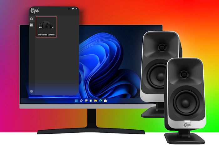 Klipsch Control Windows App with desktop computer and Klipsch Pro Media Lumina 2000x1333