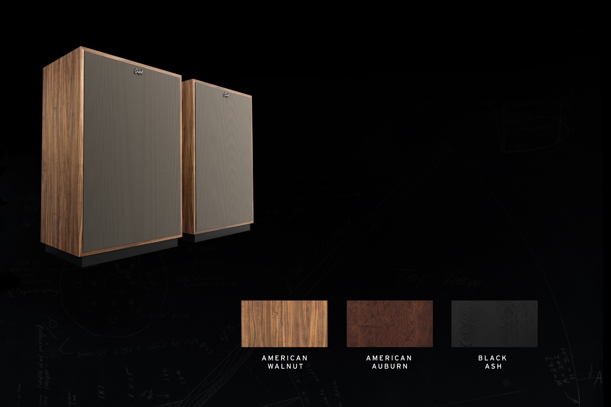 Klipsch Cornwall book matched pair with swatches of veneer options 2000x1333