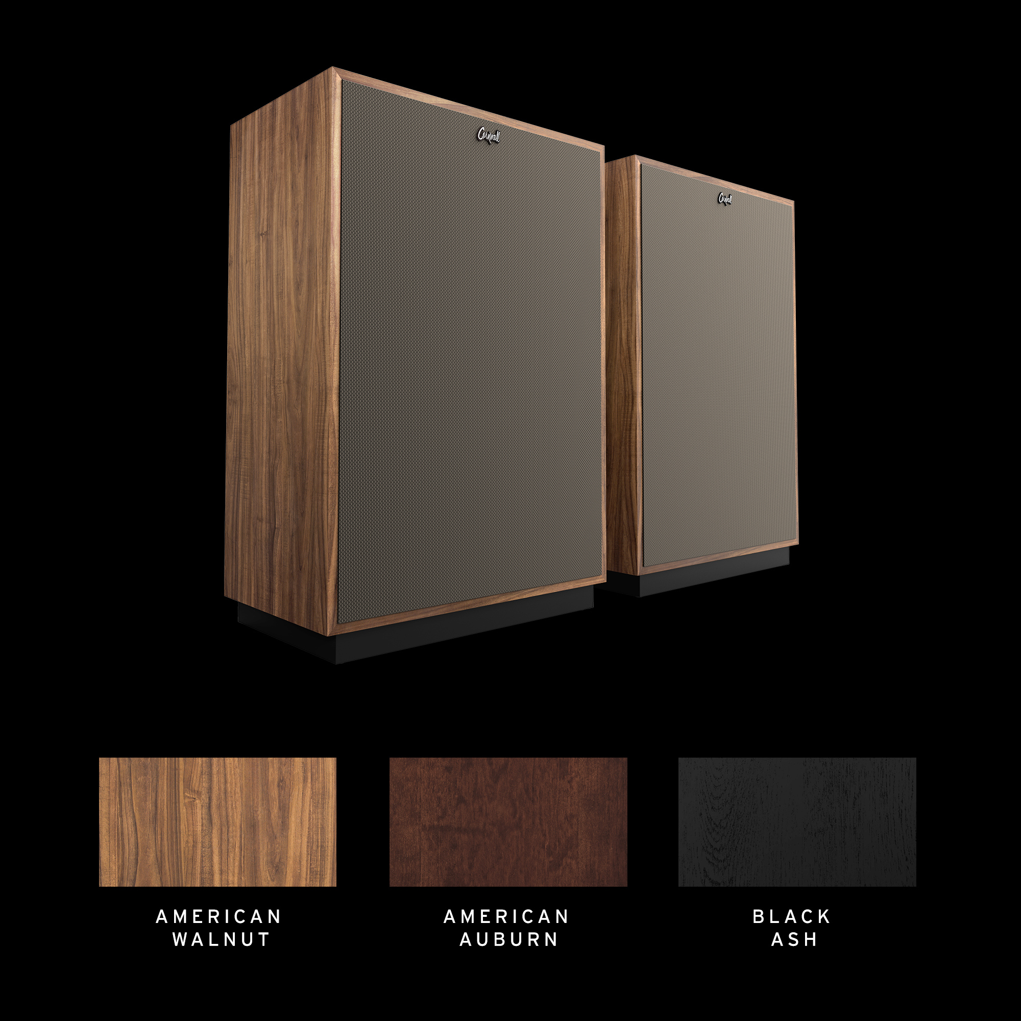 Klipsch Cornwall book matched pair with swatches of veneer options 2000x2000