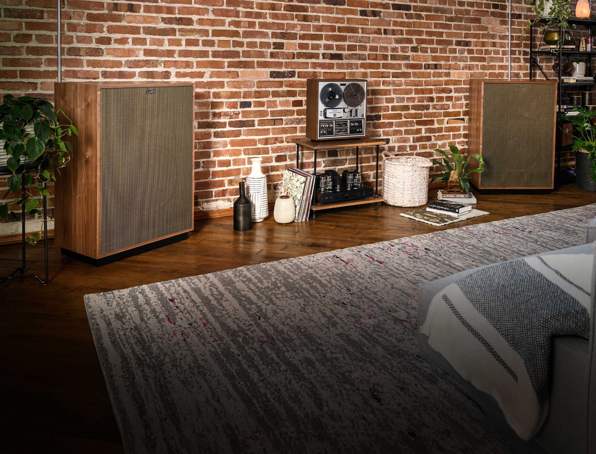 Klipsch Cornwall hi fi system against brick wall in listening space loft area 2000x1525