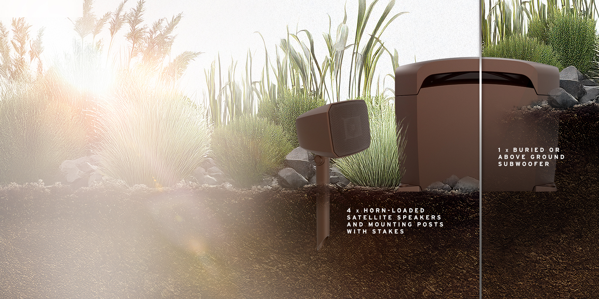 Klipsch Courtyard Side view of satellite speaker and subwoofer in ground 2000x1000