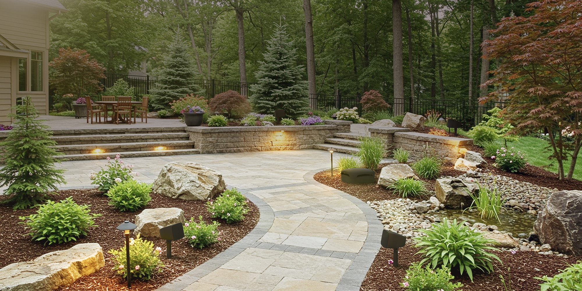 Klipsch Courtyard System on backyard tiered patio in PNW 2000x1000