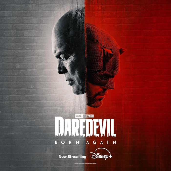 Klipsch Daredevil Partnership characters heads looking down on opposite sides of a line now streaming 2000x2000