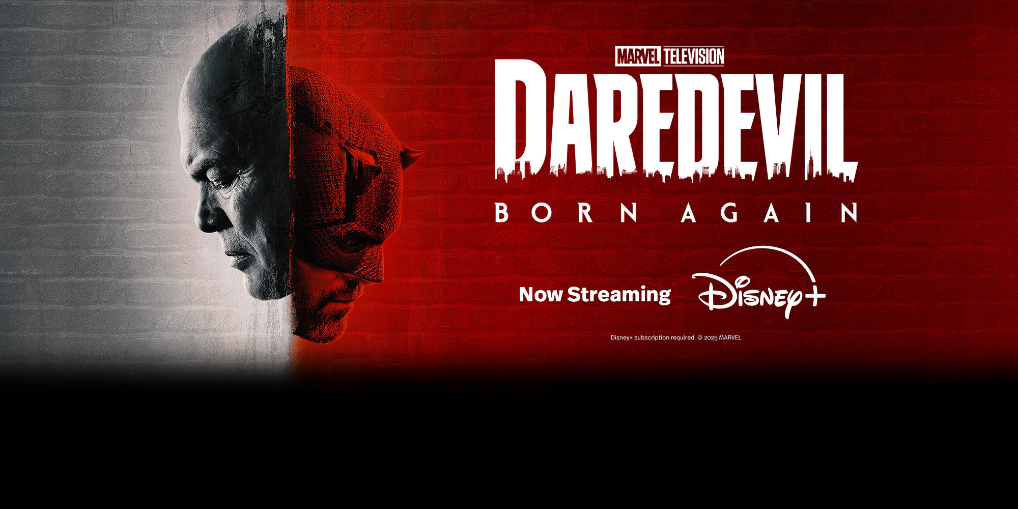 Klipsch Daredevil Partnership characters heads looking down on opposite sides of a line NOW STREAMING 2000x1000