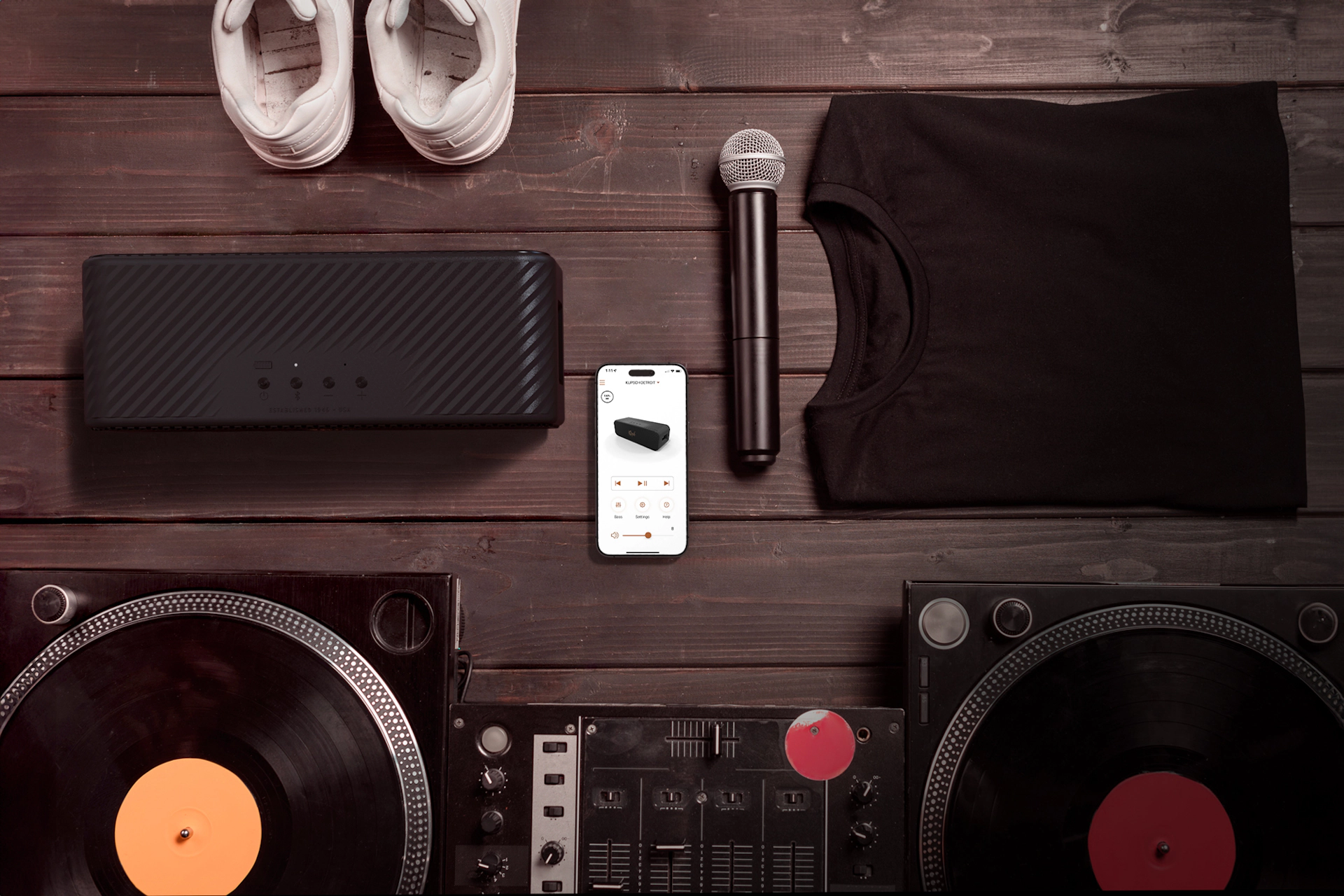 Klipsch Detroit on Klipsch Connect App flatlay with dj gear 2000x1333