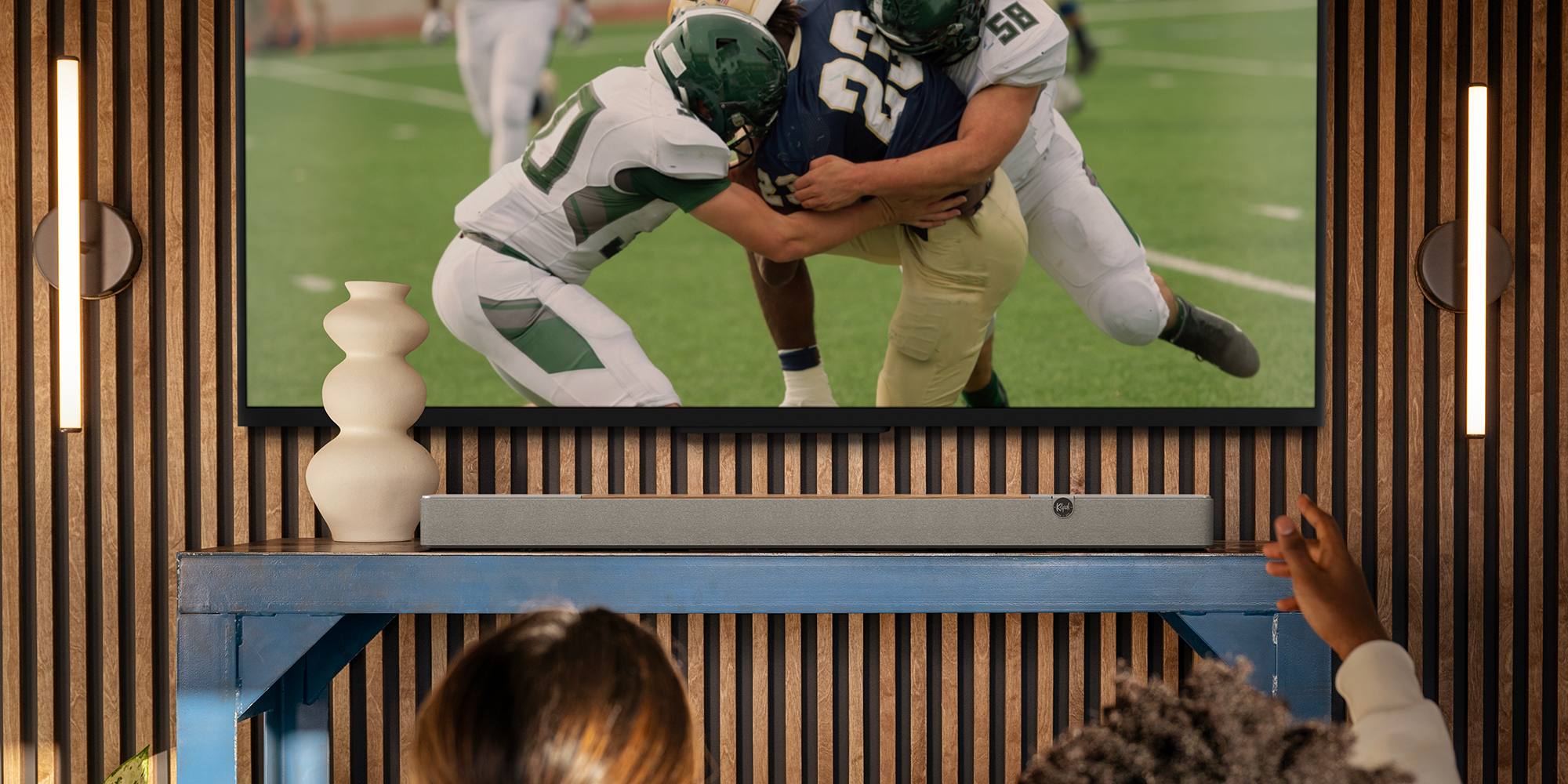 Klipsch Flexus Core 200 with football game on tv mounted on slat wall 2000x1000