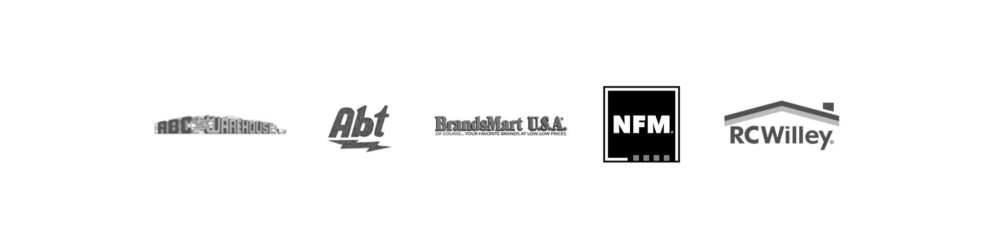Klipsch Flexus Dealer Logos in greyscale ABC Warehouse ABT Brands Mart USA NFM RC Willey 2000x500