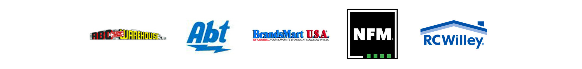 Klipsch Flexus Dealer Logos ABC Warehouse ABT Brands Mart USA NFM RC Willey 2000x240