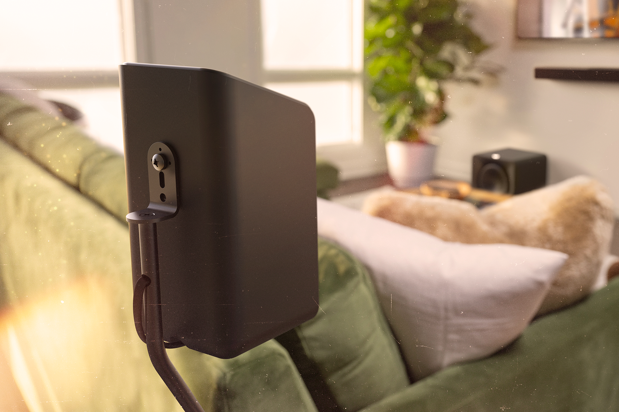 Klipsch Flexus SURR 200 back with single power cord up close on speaker stand 2000x1333