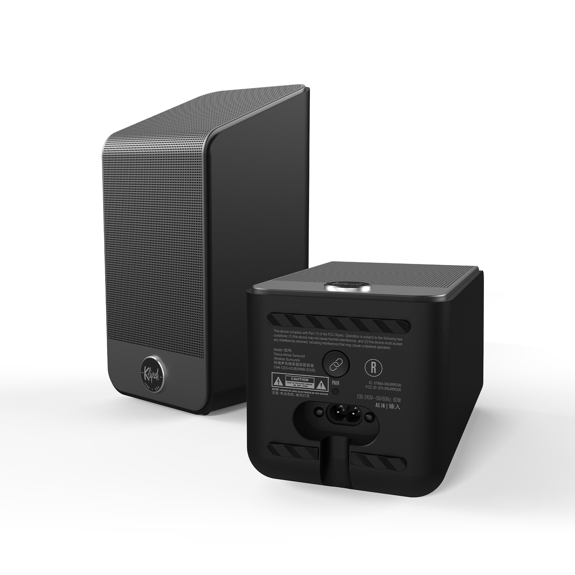 Klipsch Flexus Surround speakers on white with upfiring speakers showing input on bottom A 2000x2000