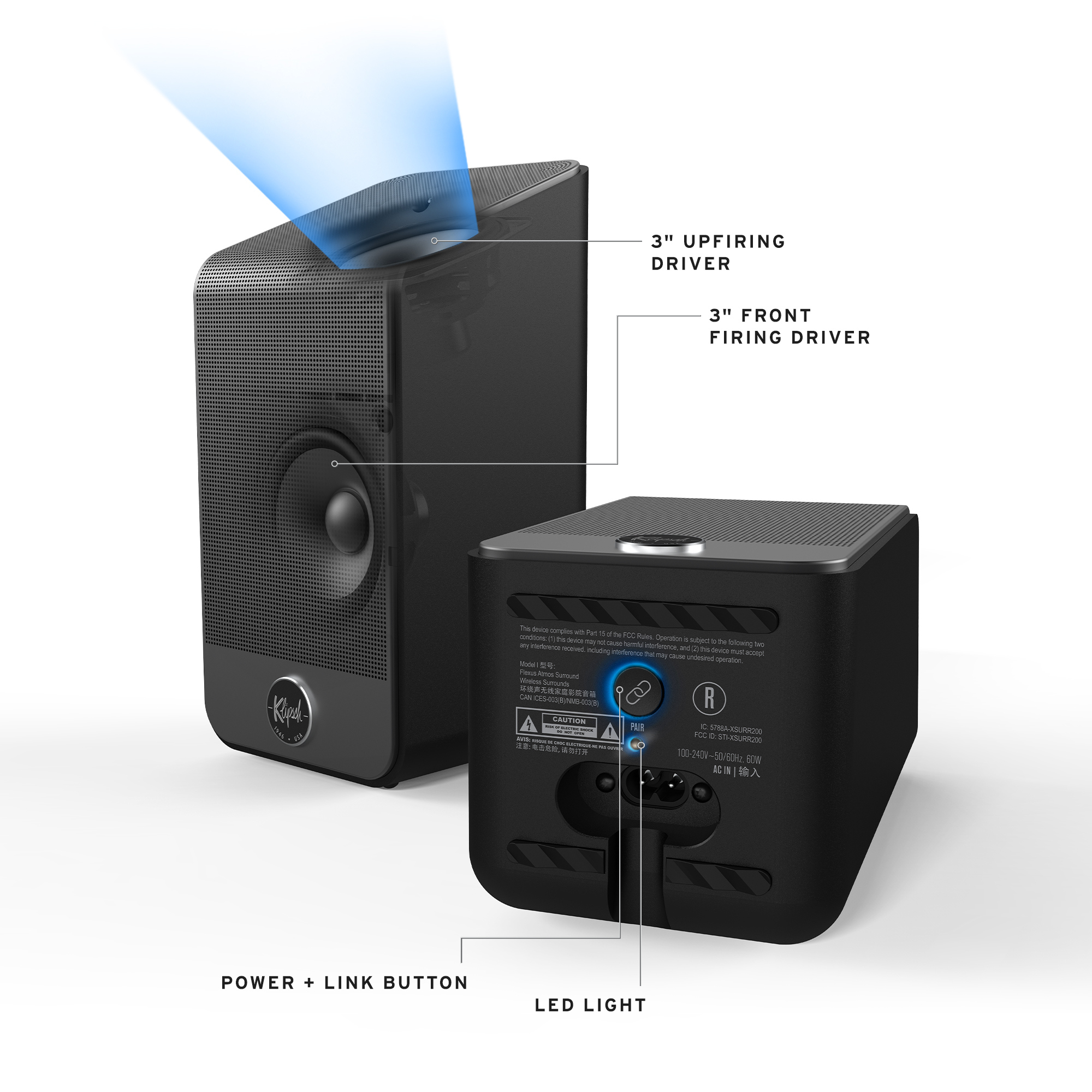 Klipsch Flexus Surround speakers on white with upfiring speakers showing input on bottom B 2000x2000