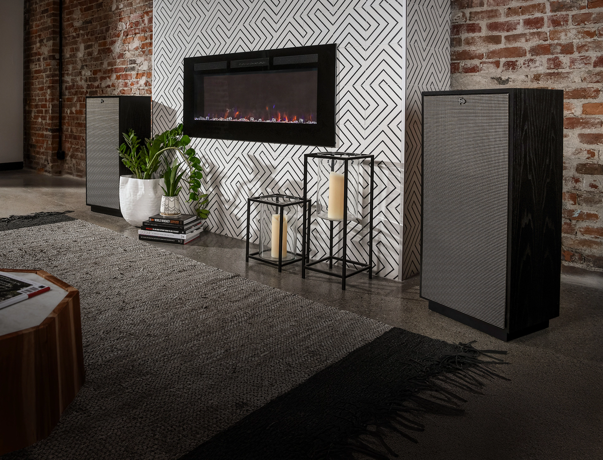 Klipsch Forte in black ash flanking black and white tile fireplace with overlay 2000x1525