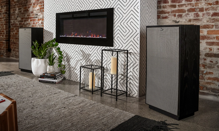 Klipsch Forte in black ash flanking black and white tile fireplace 2000x1200