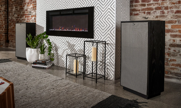 Klipsch Forte in black ash flanking black and white tile fireplace 2000x1200