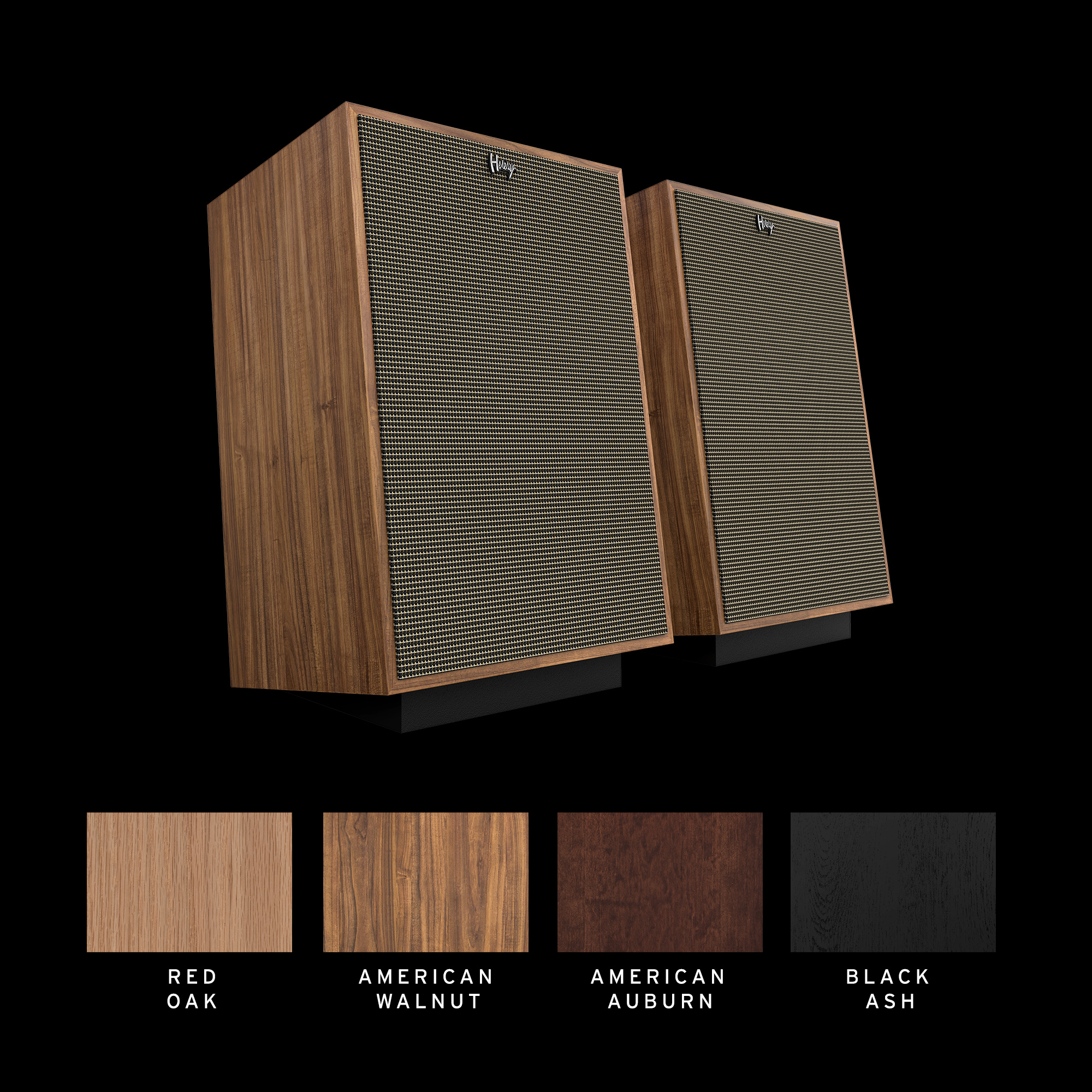 Klipsch Heresy book matched pair with swatches of veneer options 2000x2000
