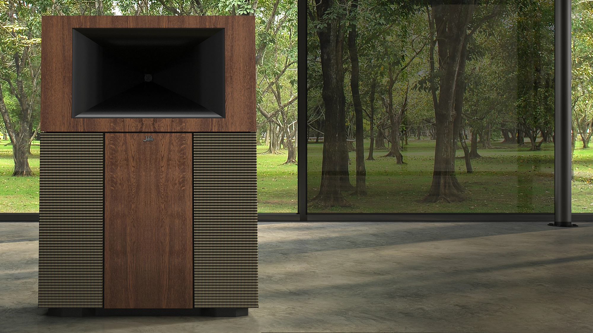 Klipsch Jubilee Loudspeaker in front of a large window with a wooded area outside