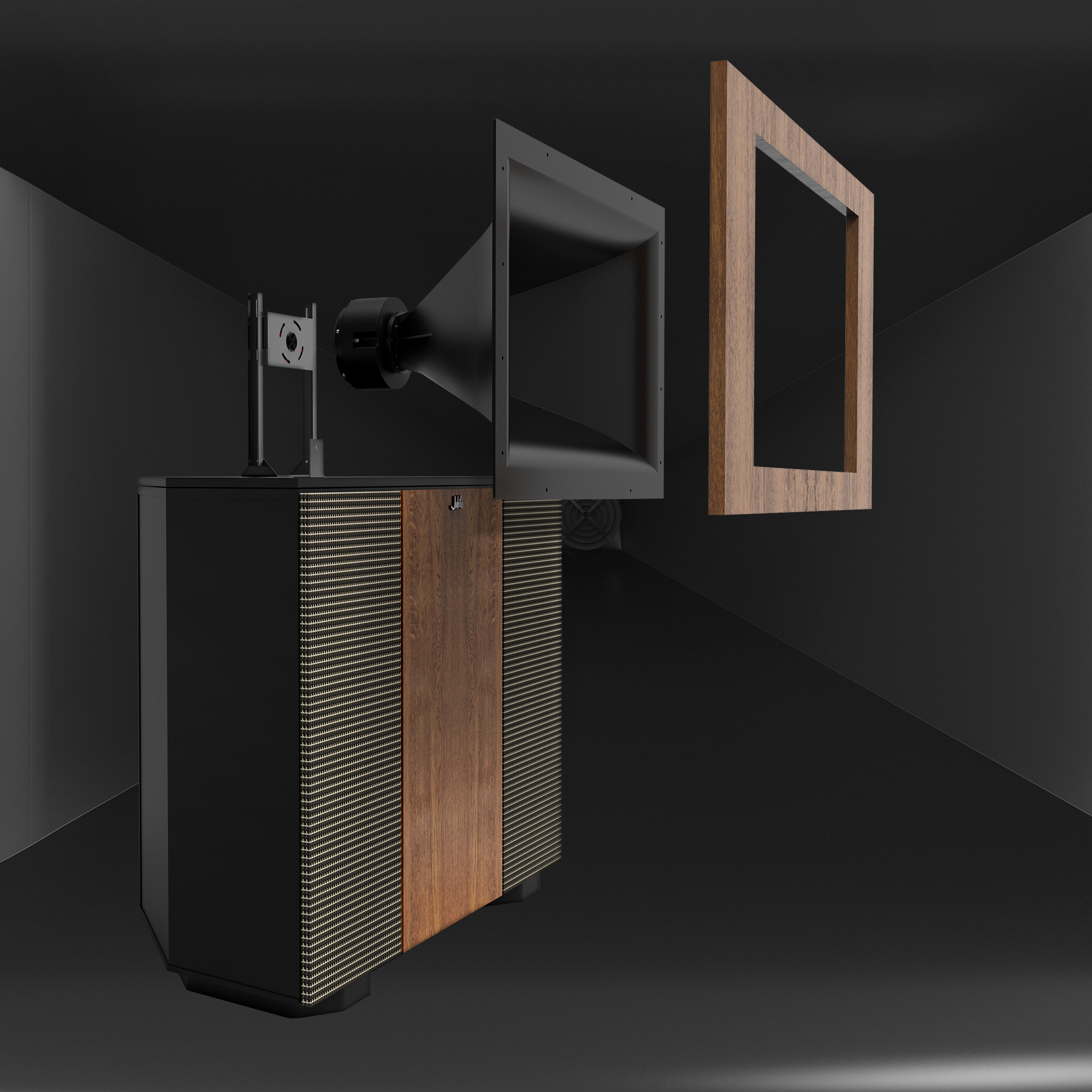 Klipsch Jubilee with horn exploded out over big horn background 2000x2000