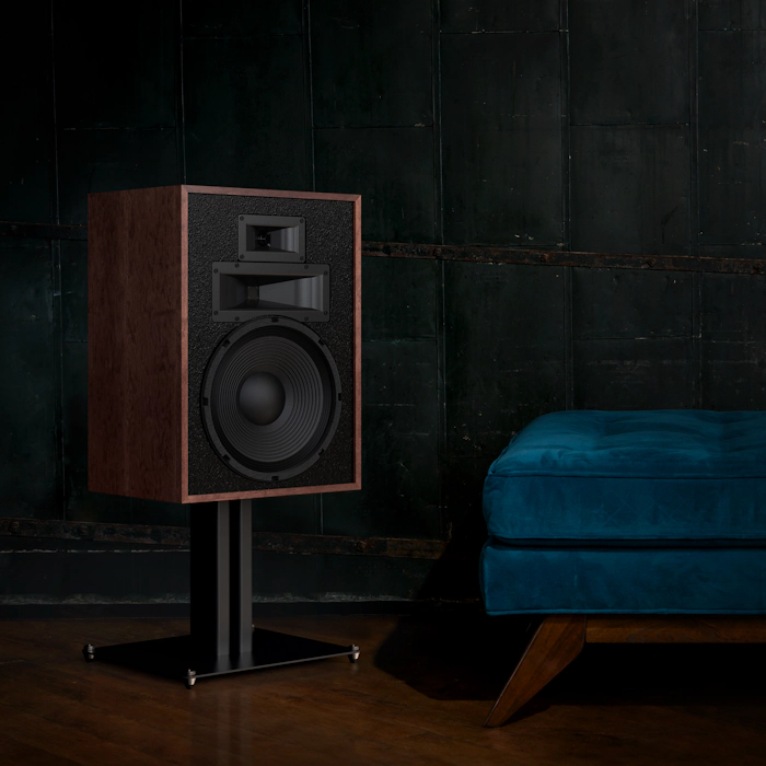 Klipsch KS 12 Loudspeaker Stand is finished in matte black sitting beside teal counch 2000x2000