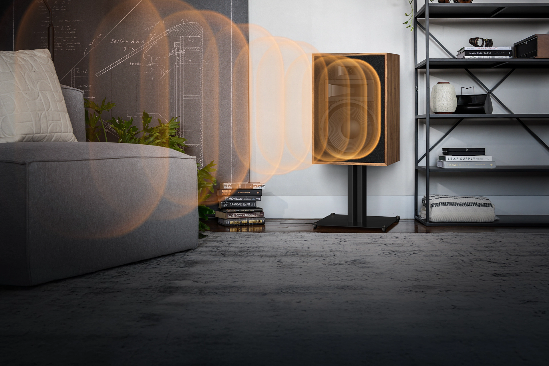 Klipsch KS 12 Loudspeaker Stand with Audio visualized at ideal listening height v02 2000x1333