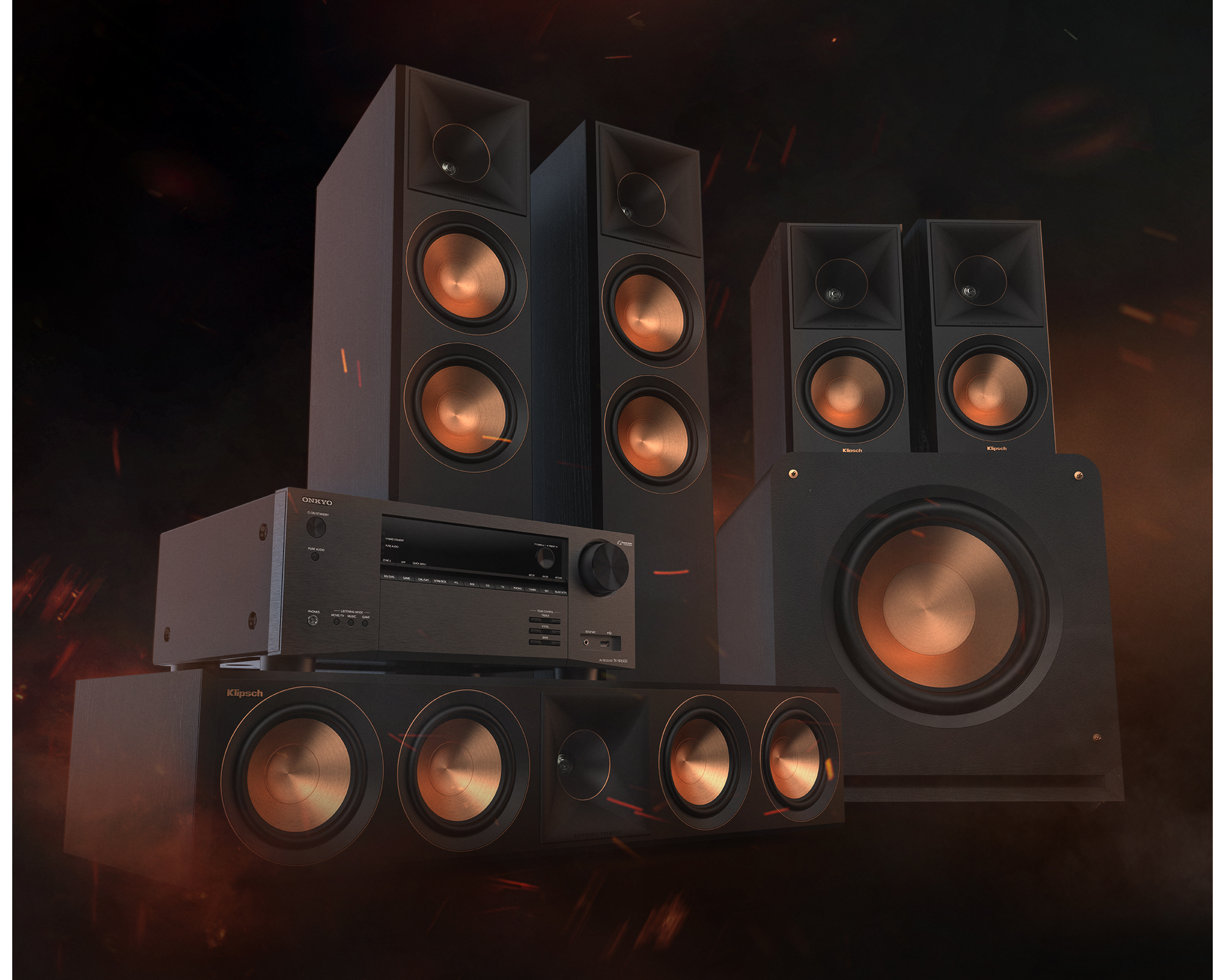 Klipsch Odyssey LP Mob03 Klipsch home theater system on fiery background 2000x1600