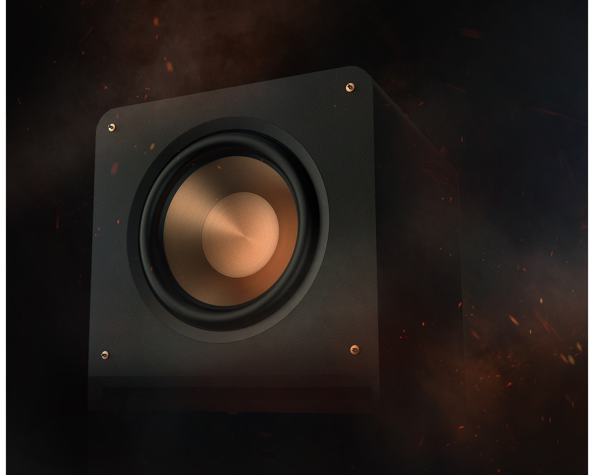 Klipsch Odyssey LP Mob04 Klipsch subwoofer on fiery background 2000x1600