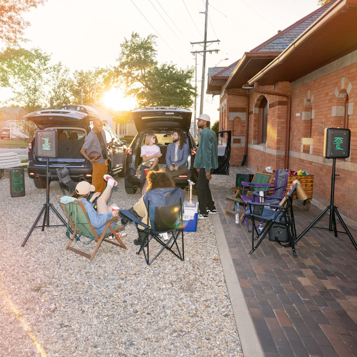 Klipsch Party Speakers Vibe tailgate party with setting sun 2000x2000