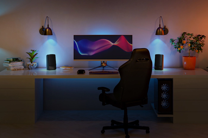 Klipsch Pro Media 2 on long desktop with low lighting and waves on screen 2000x1333