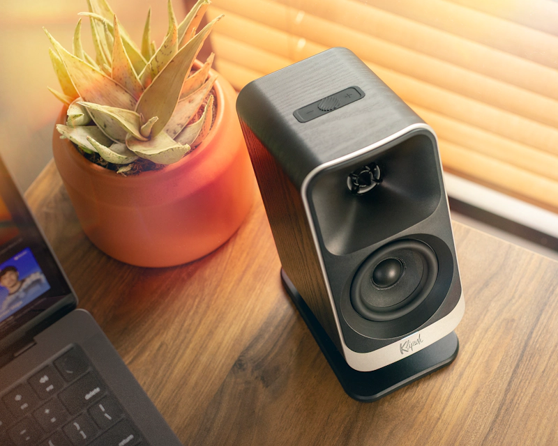 Klipsch Pro Media Lumina Computer Speakers on WFH desk setup overhead view satellite 2000x2000