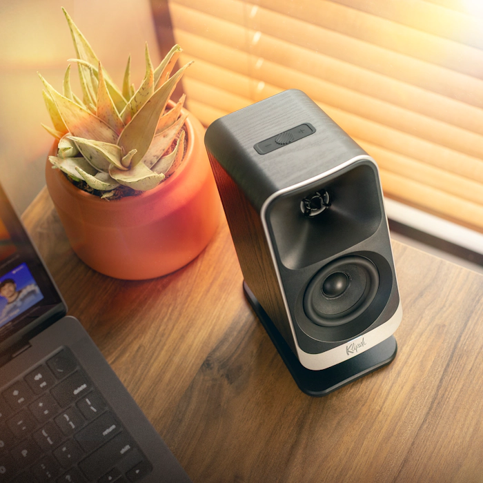 Klipsch Pro Media Lumina Computer Speakers on WFH desk setup overhead view satellite 2000x2000