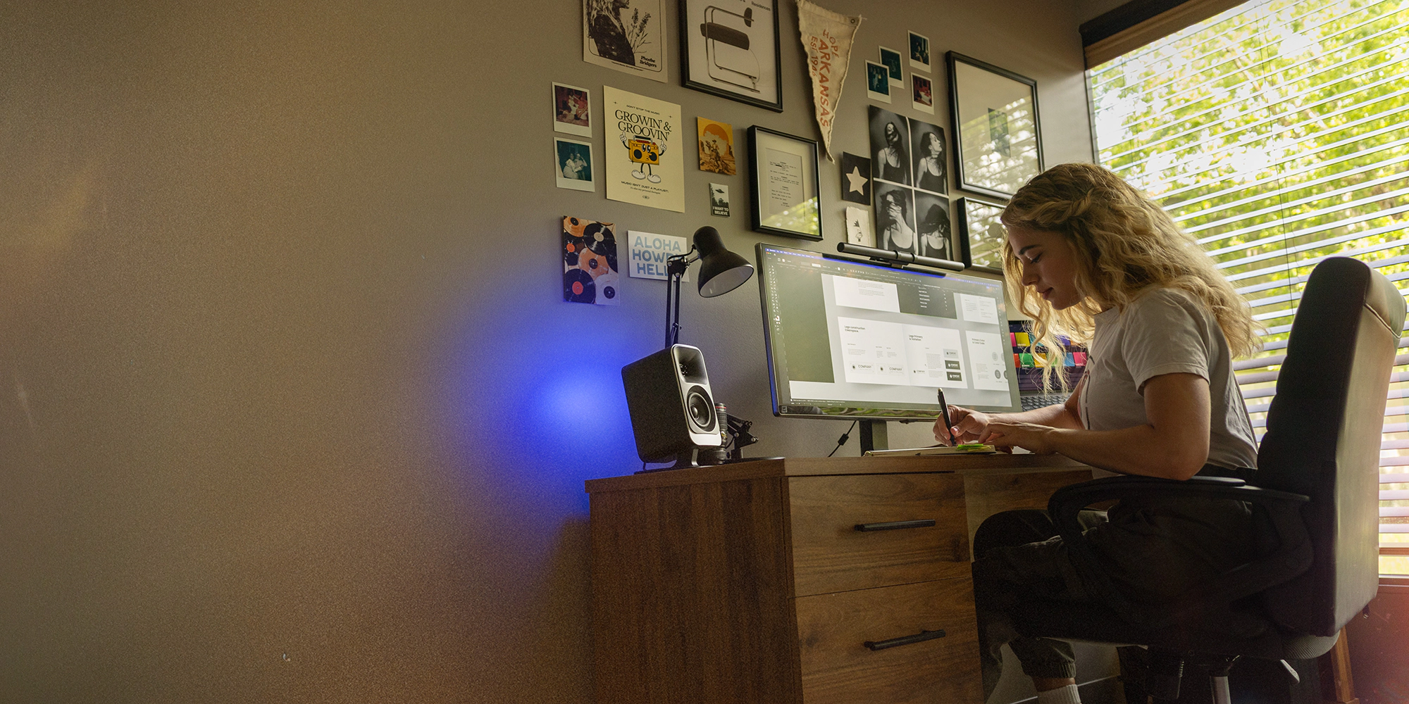 Klipsch Pro Media Lumina Computer Speakers on WFH desk setup with professional working 2000x1000