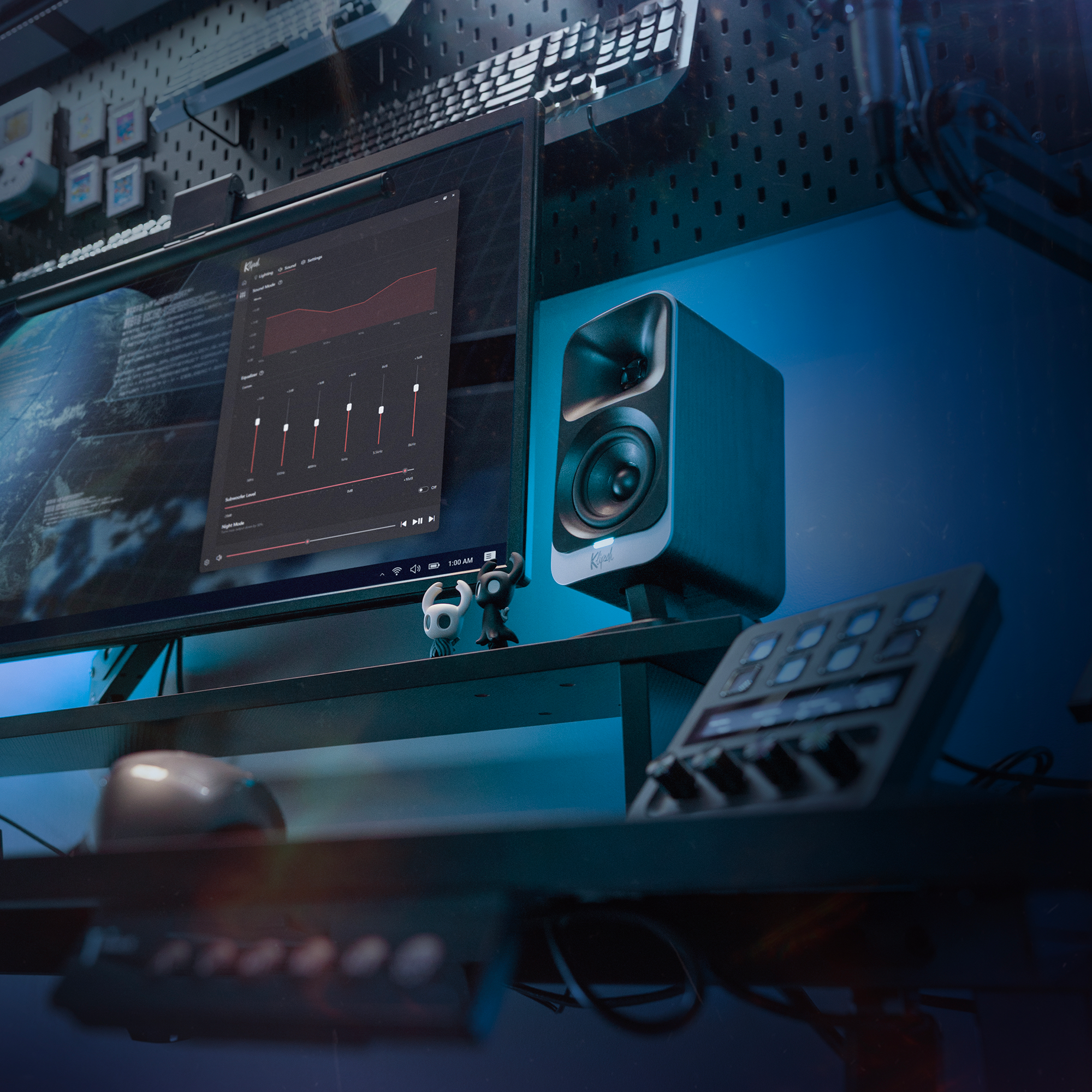 Klipsch Promedia Lumina on editing desk setup with blue LED lighting 2000x2000