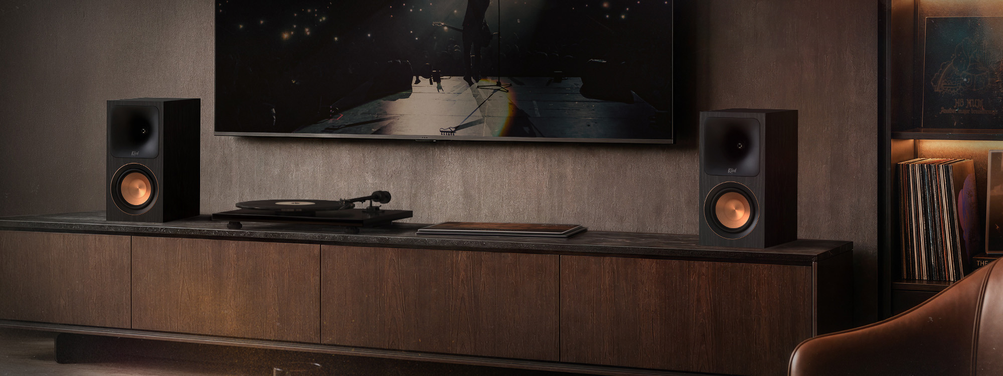 Klipsch RP 500 PM on media console beside turntable 2000x750