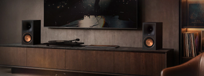 Klipsch RP 500 PM on media console beside turntable 2000x750