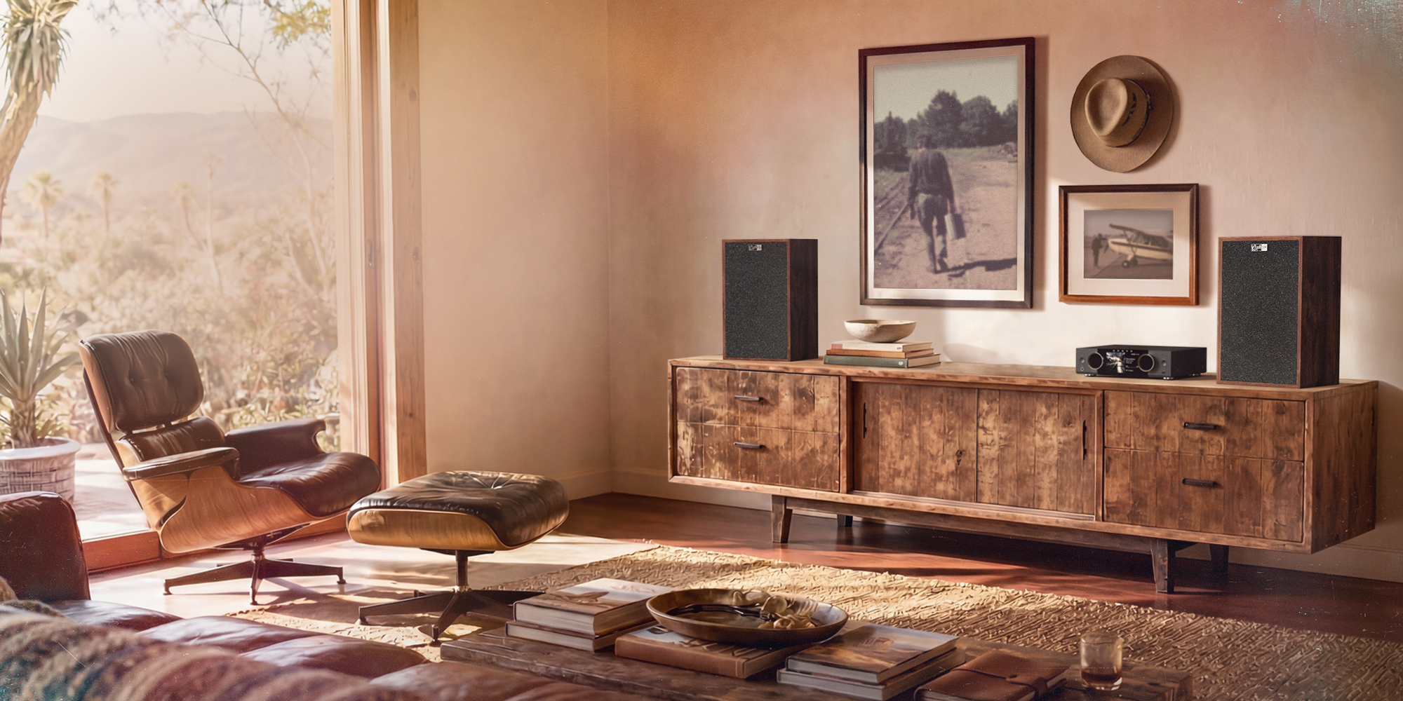 Klipsch Rebellion Premium Heritage Bookshelf Loudspeakers on long sun soaked living room console beside Eames chair v02 2000x1000