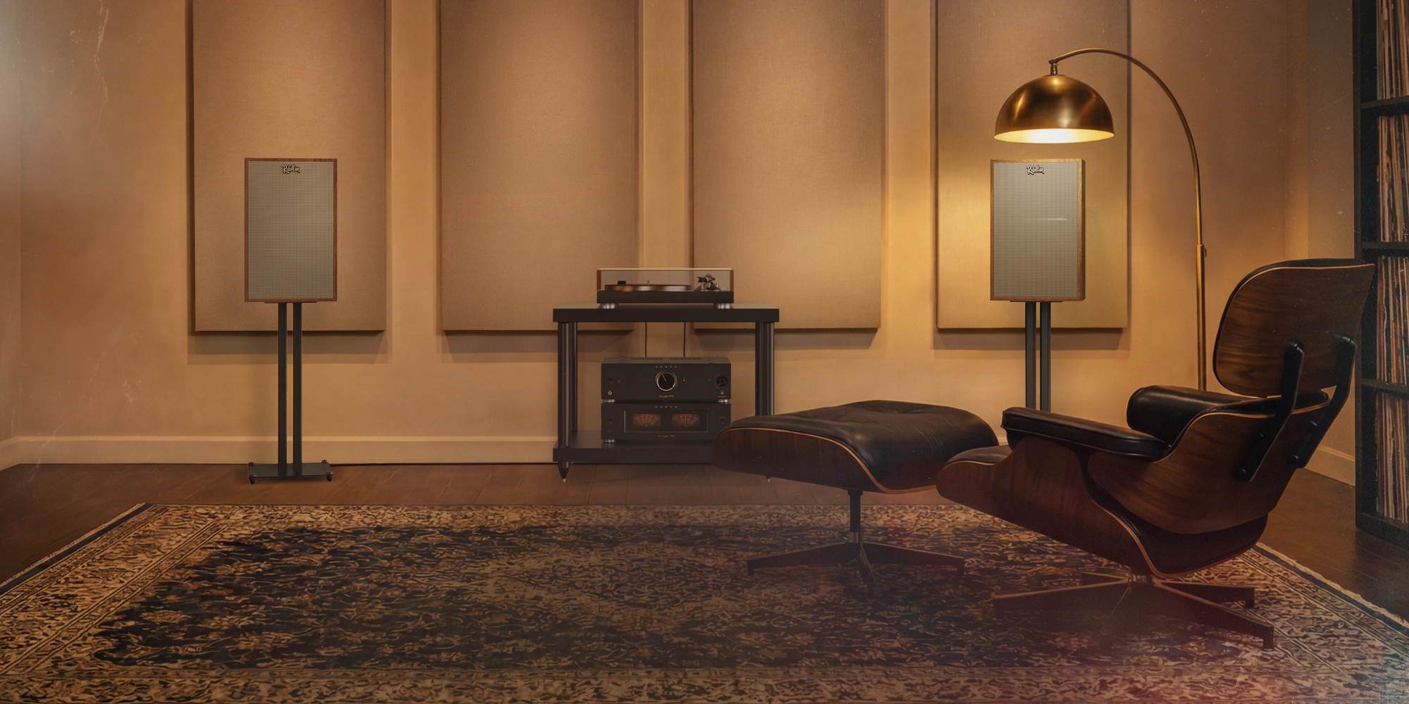 Klipsch Rebellion WN flanking turntable and amplifiers 2000x1000