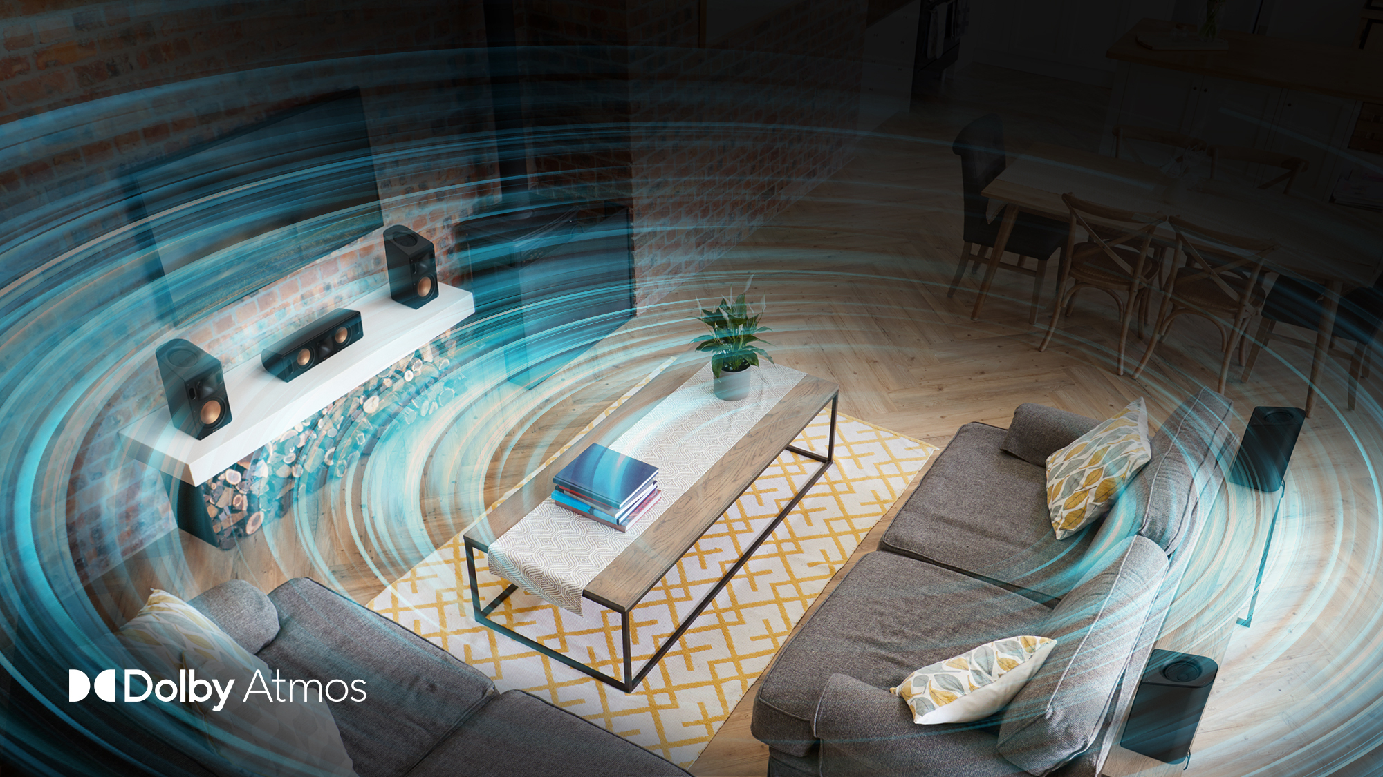 Klipsch Reference Cinema System 5 0 4 with Dolby Atmos in the Home Theater setting with a depiction of sound waves and a Dolby Atmos logo