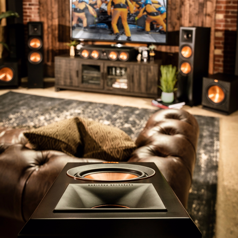 Klipsch Reference Premiere Dolby Atmos Speaker Behind Couch