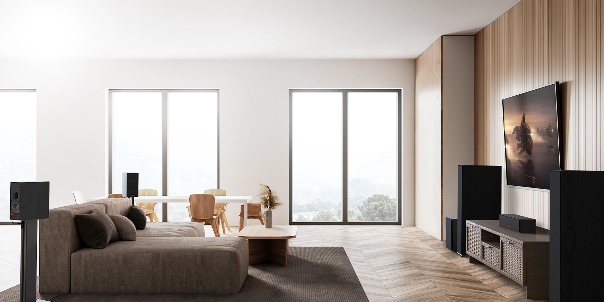 Klipsch Reference R 120 SW in airy living room with brighter overlay 2000x1000