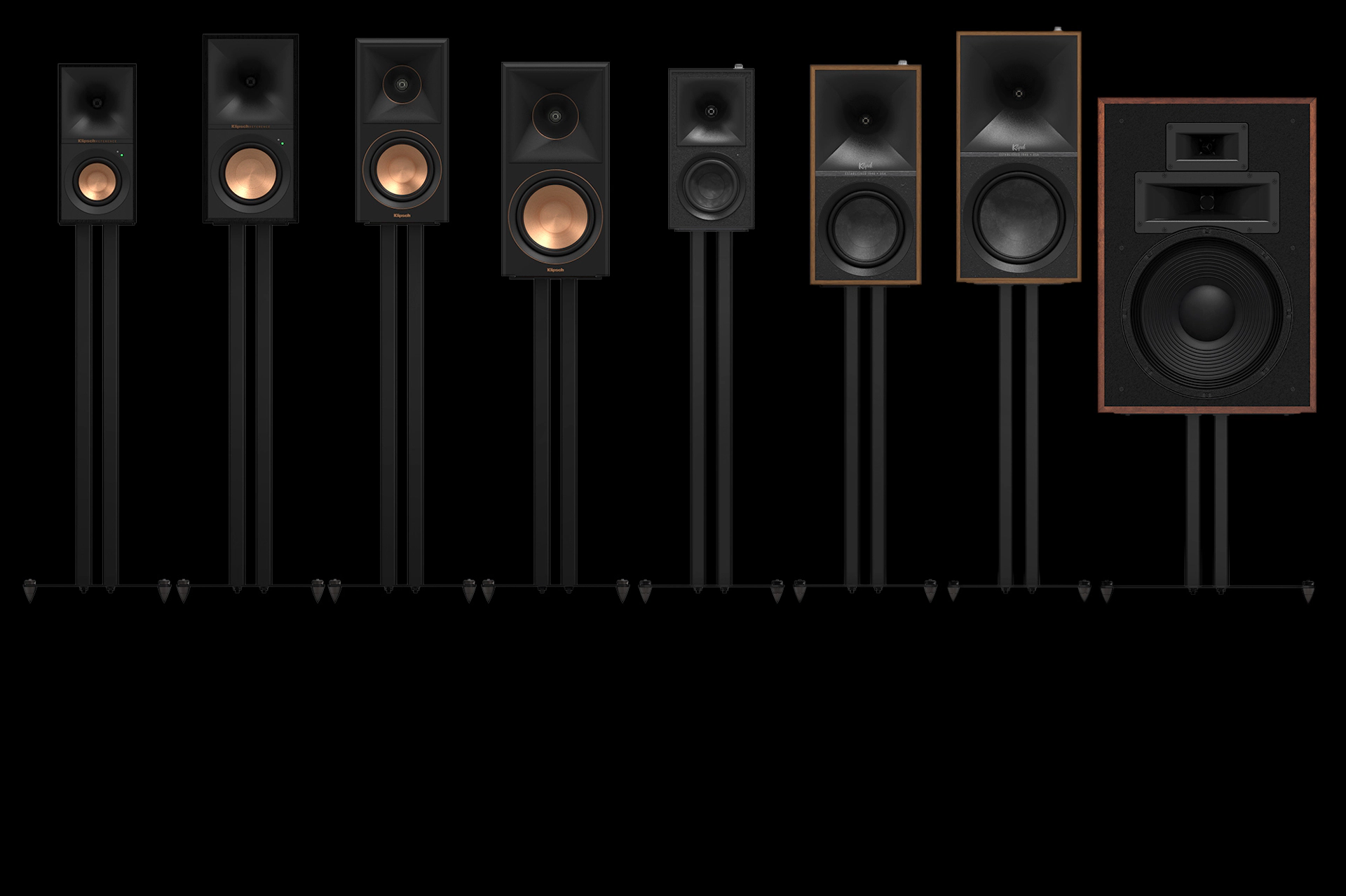 Klipsch Speaker Stands with several bookshelf and loudspeakers showcased at all the stand height options 2000x1333