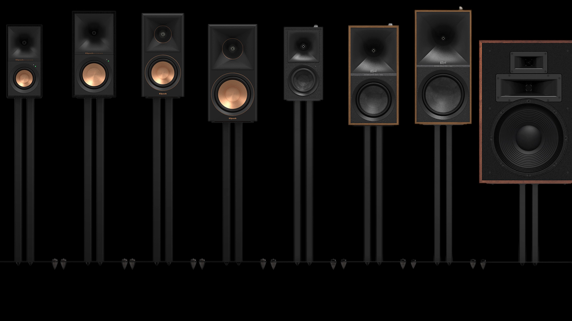 Klipsch Speaker Stands with several bookshelf and loudspeakers showcased at all the stand height options 2000x2000
