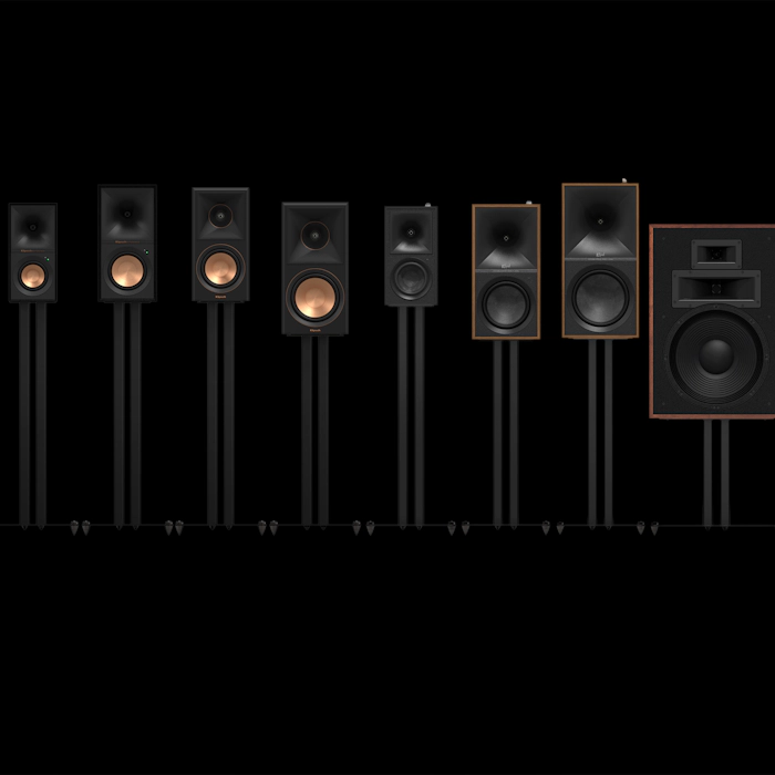 Klipsch Speaker Stands with several bookshelf and loudspeakers showcased at all the stand height options 2000x2000