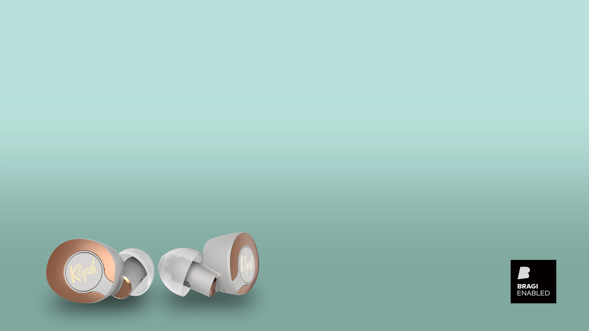 Klipsch T5 II True Wireless ANC Earphones and a Bragi Enabled logo on a sea foam green background Desktop