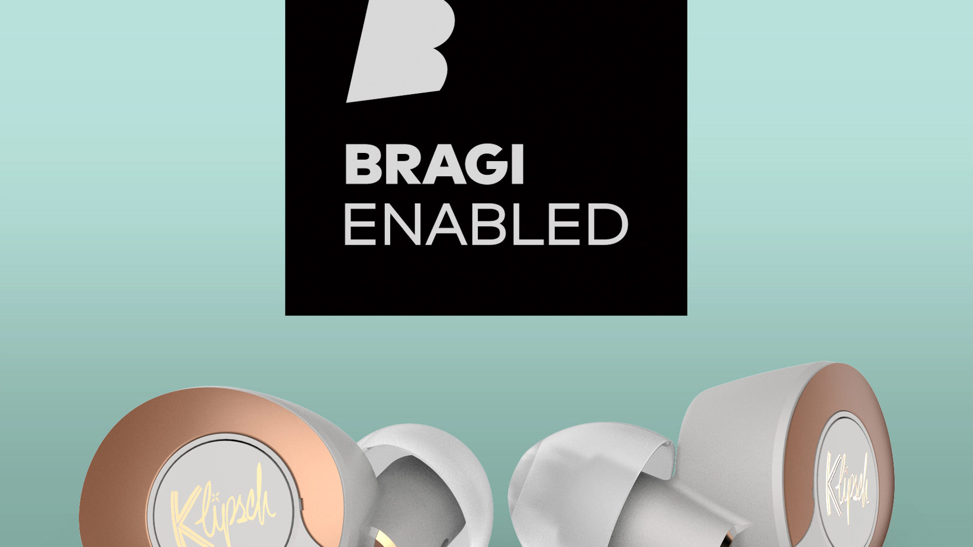 Klipsch T5 II True Wireless ANC Earphones and a Bragi Enabled logo on a sea foam green background Mobile