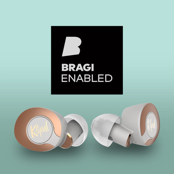 Klipsch T5 II True Wireless ANC Earphones and a Bragi Enabled logo on a sea foam green background Mobile