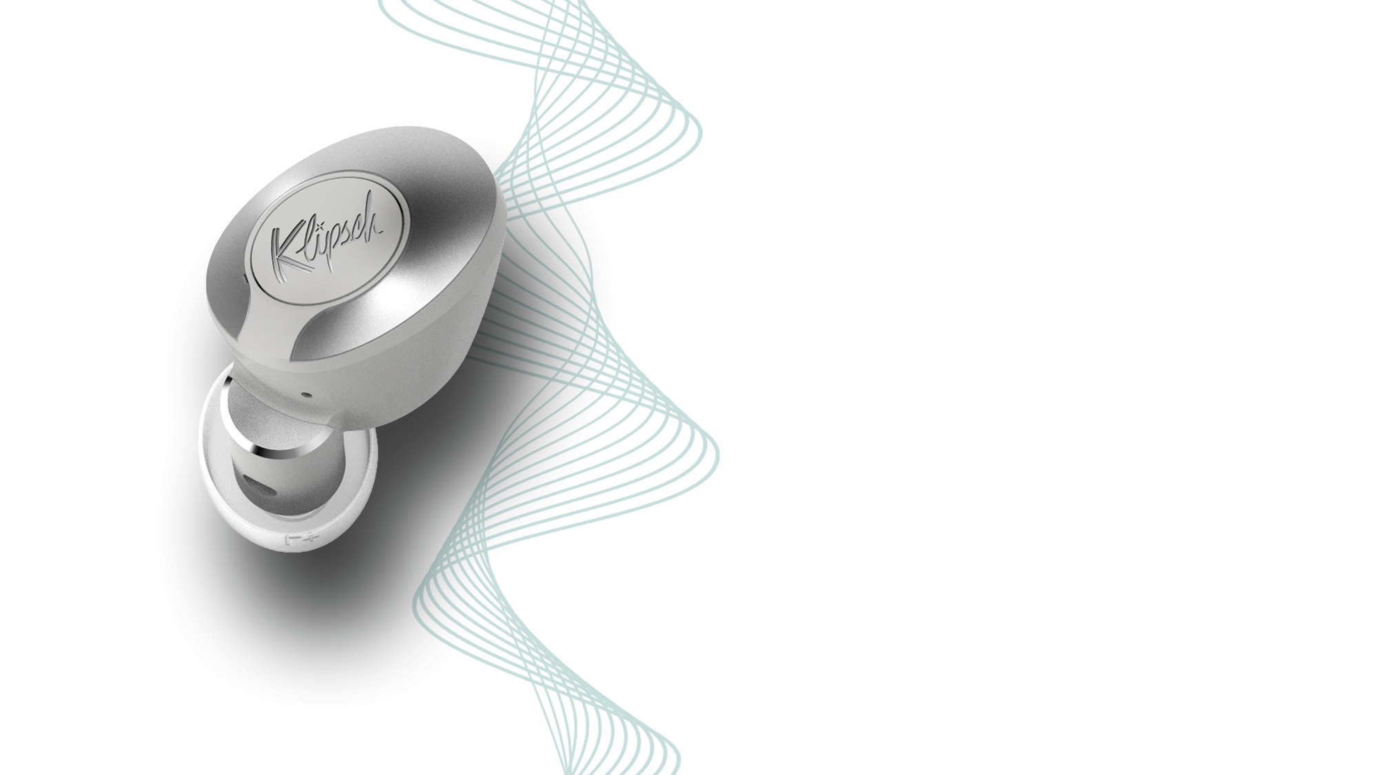 Klipsch T5 II True Wireless ANC earphone with an illustration of wavy lines and a Dirac logo Dektop