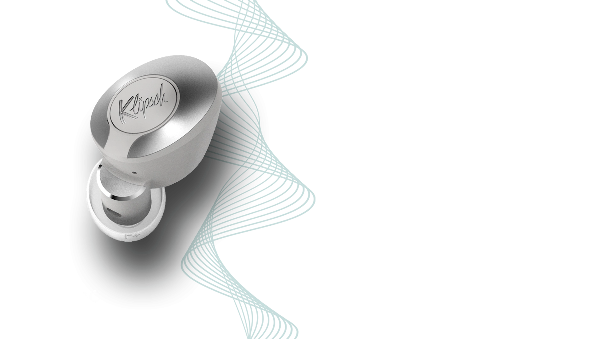 Klipsch T5 II True Wireless ANC earphone with an illustration of wavy lines and a Dirac logo Dektop