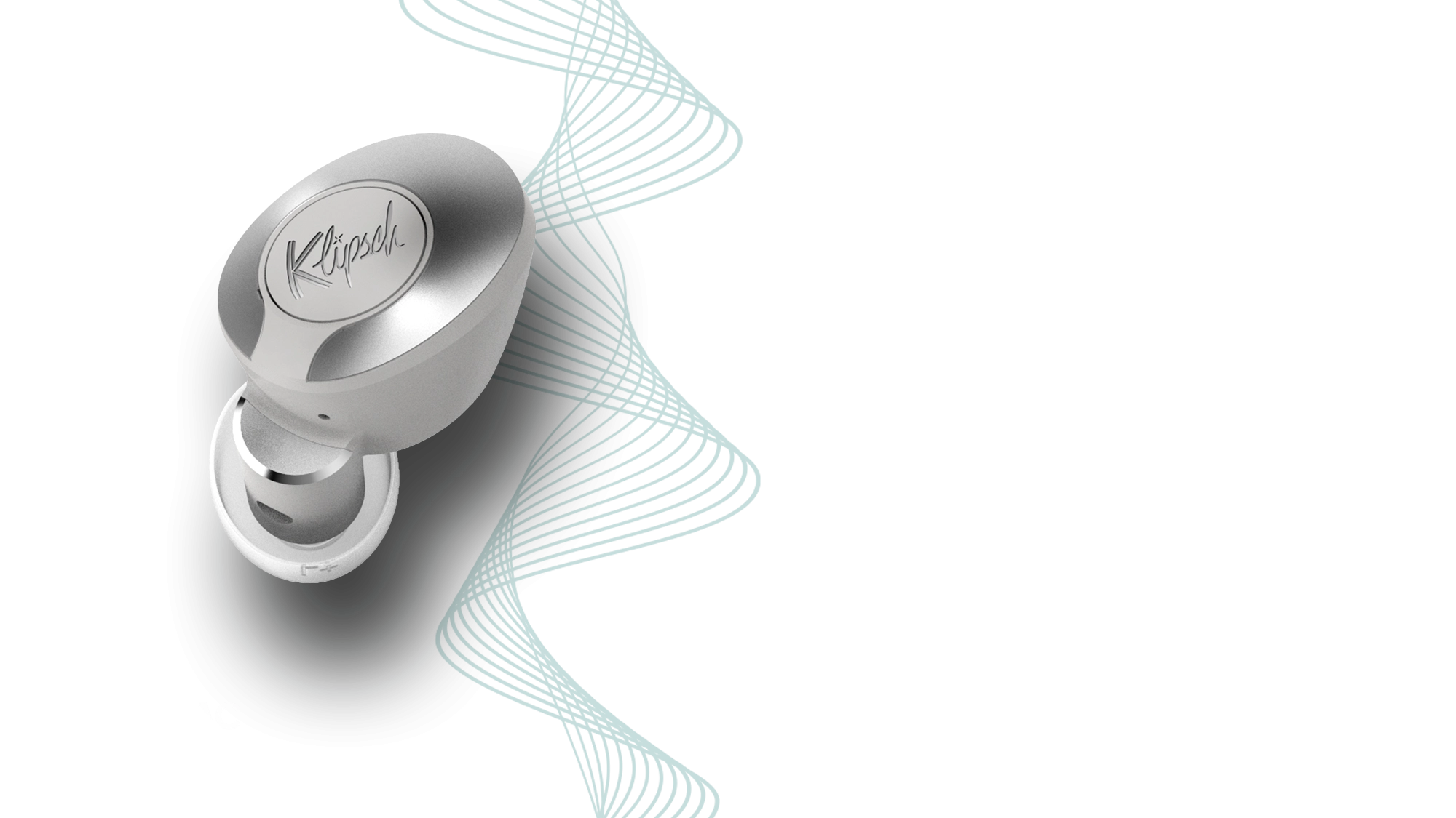 Klipsch T5 II True Wireless ANC earphone with an illustration of wavy lines and a Dirac logo Dektop
